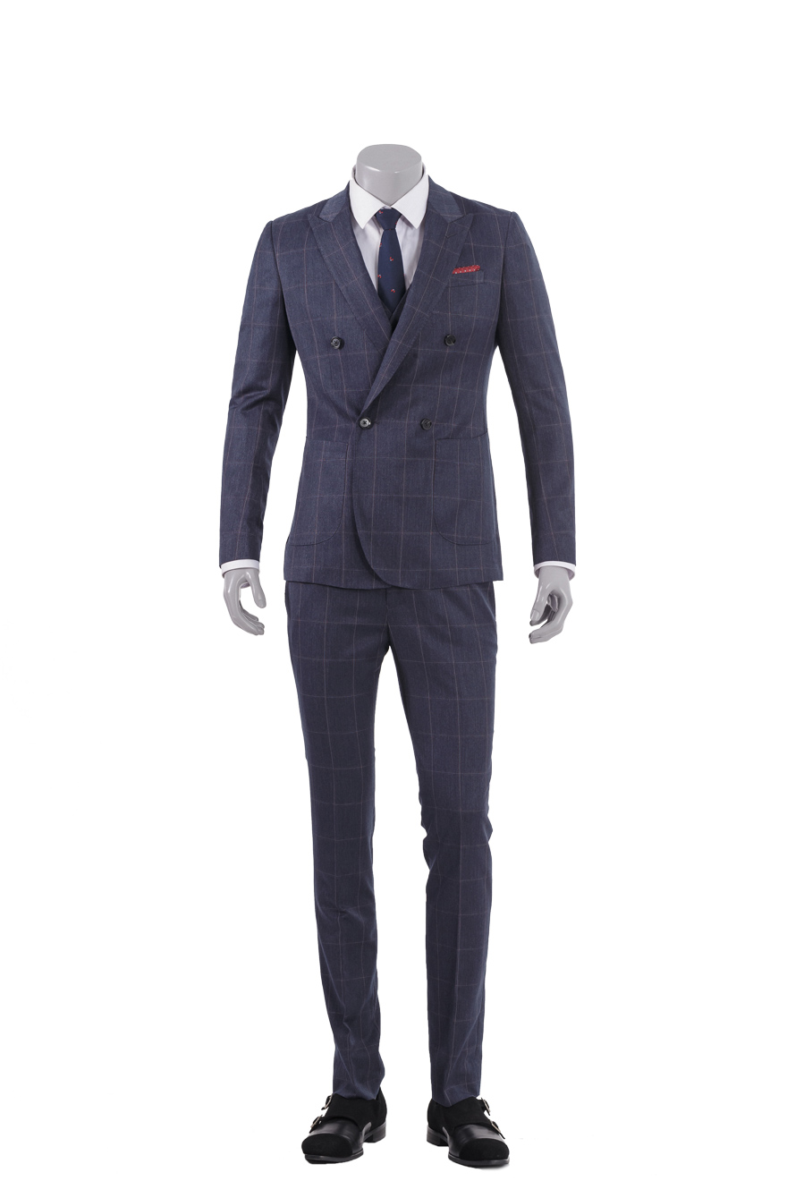 牛仔蓝时尚格纹双排扣套装