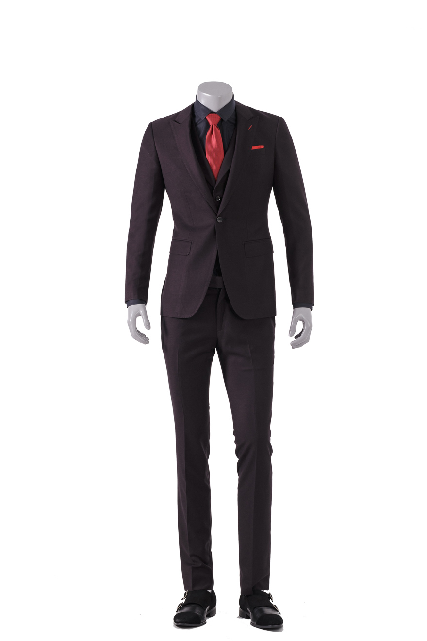 酒红色暗格纹三件套